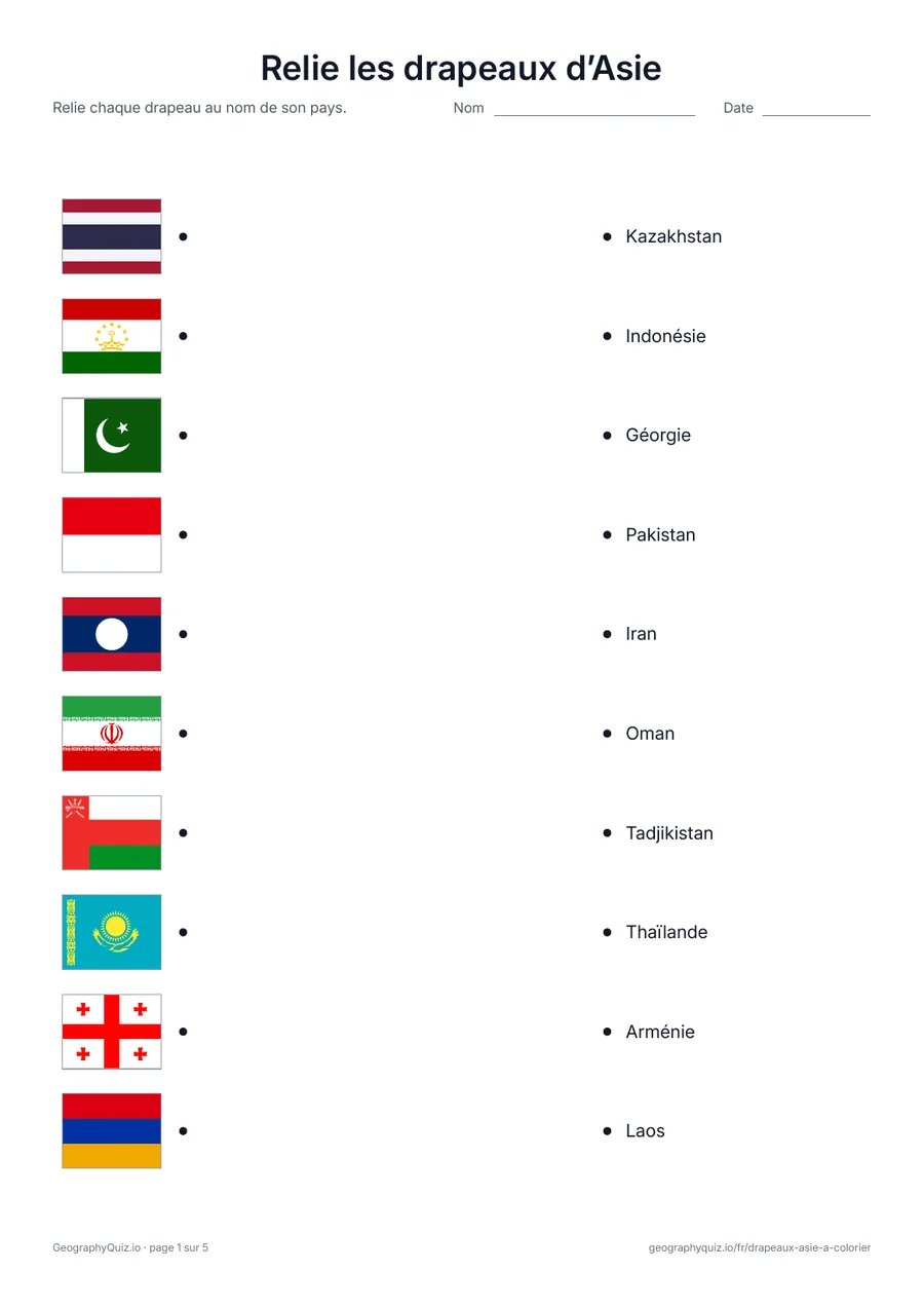 Aperçu de la fiche à imprimer « Relie les drapeaux d’Asie »