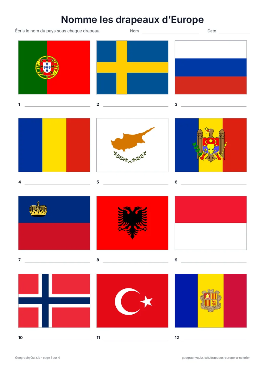 Aperçu de la fiche à imprimer « Nomme les drapeaux d’Europe »