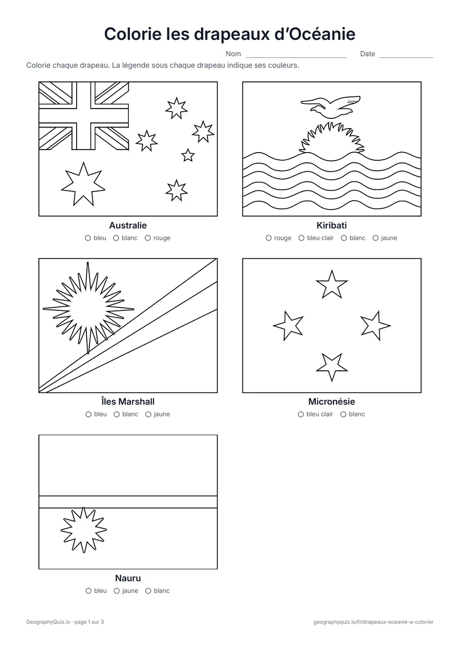 Aperçu de la fiche : Drapeaux d’Océanie à colorier