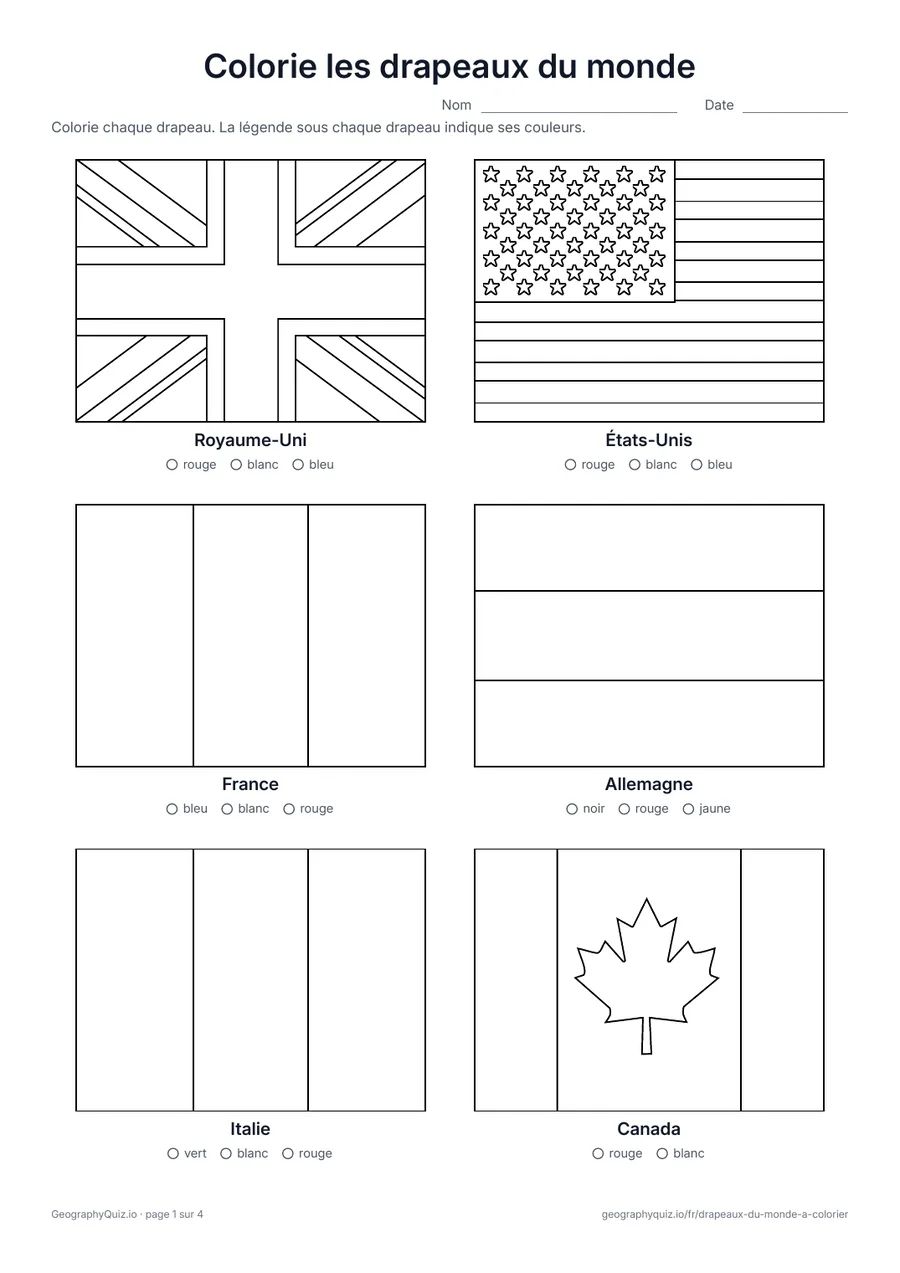 Aperçu de la fiche : Drapeaux du monde à colorier
