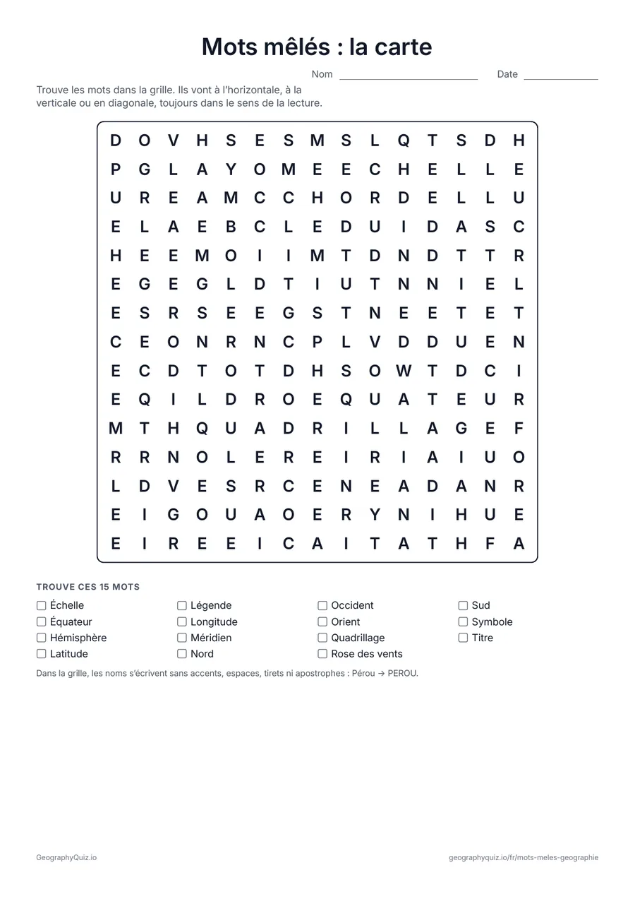 Aperçu de la fiche à imprimer « Mots mêlés : la carte »: Quinze mots de la carte : rose des vents, légende, échelle, quadrillage, points cardinaux, latitude, longitude et plus