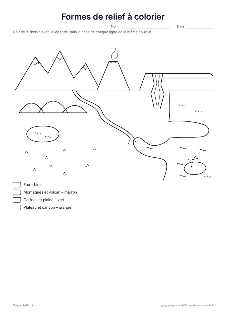 Aperçu de la fiche à imprimer « Formes de relief à colorier »: Le paysage à colorier avec une légende de quatre couleurs : eau en bleu, montagnes en marron, collines et plaine en vert, plateau et canyon en orange