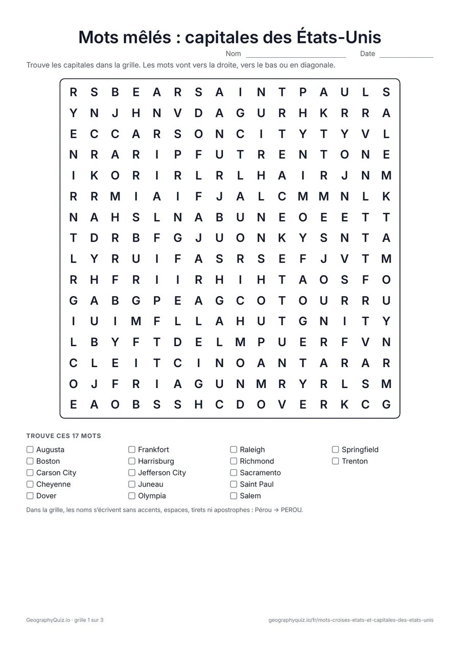 Aperçu de la fiche à imprimer « Mots mêlés : capitales des États-Unis »: Les 50 capitales des États cachées dans trois grilles de mots mêlés