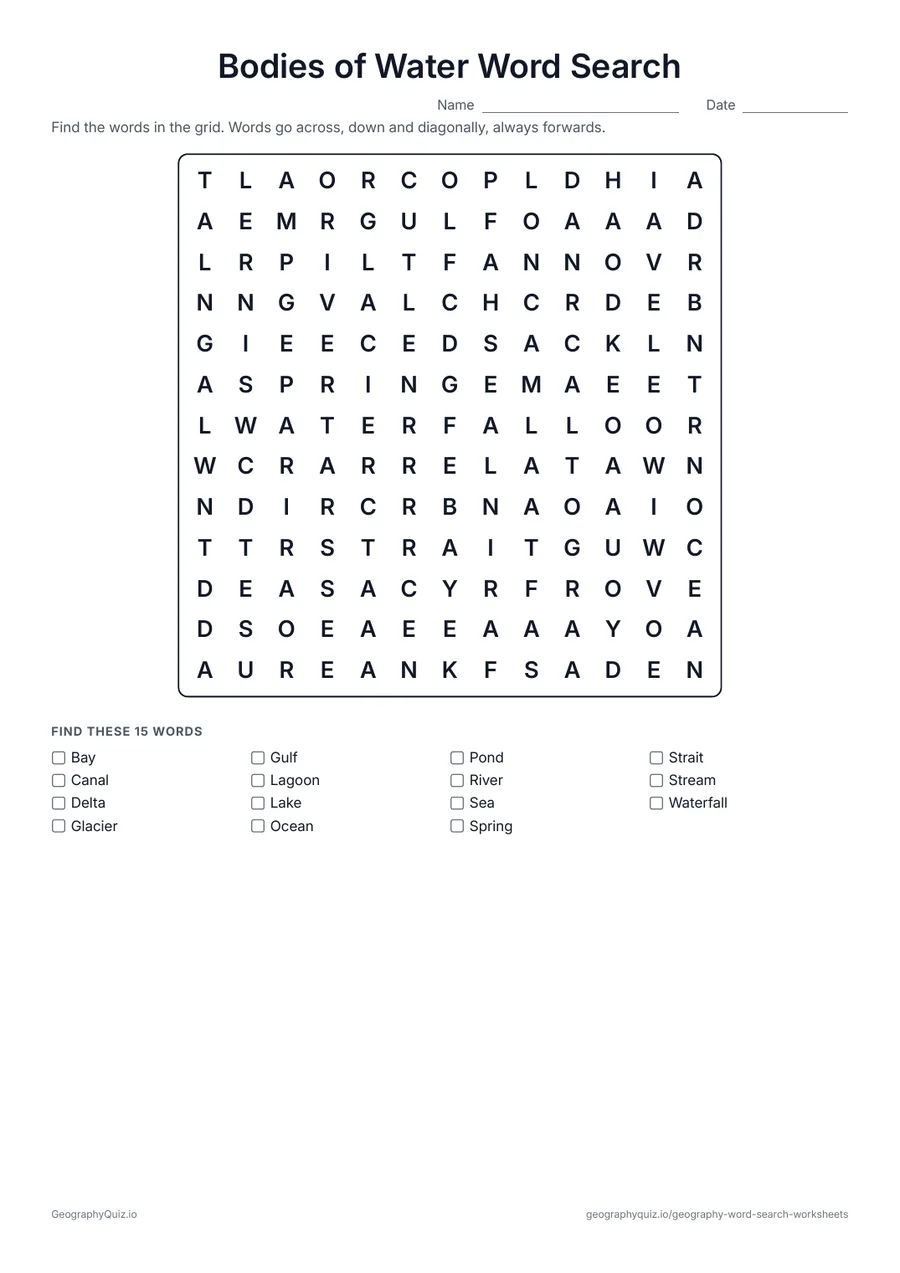 Preview of the printable Bodies of Water Word Search worksheet: Fifteen kinds of water, from ocean, sea and lake to strait, lagoon and glacier