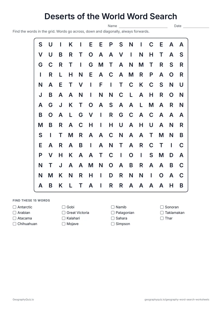 Preview of the printable Deserts of the World Word Search worksheet: Fifteen great deserts, from the Sahara and the Gobi to the Atacama, the Mojave and Antarctica