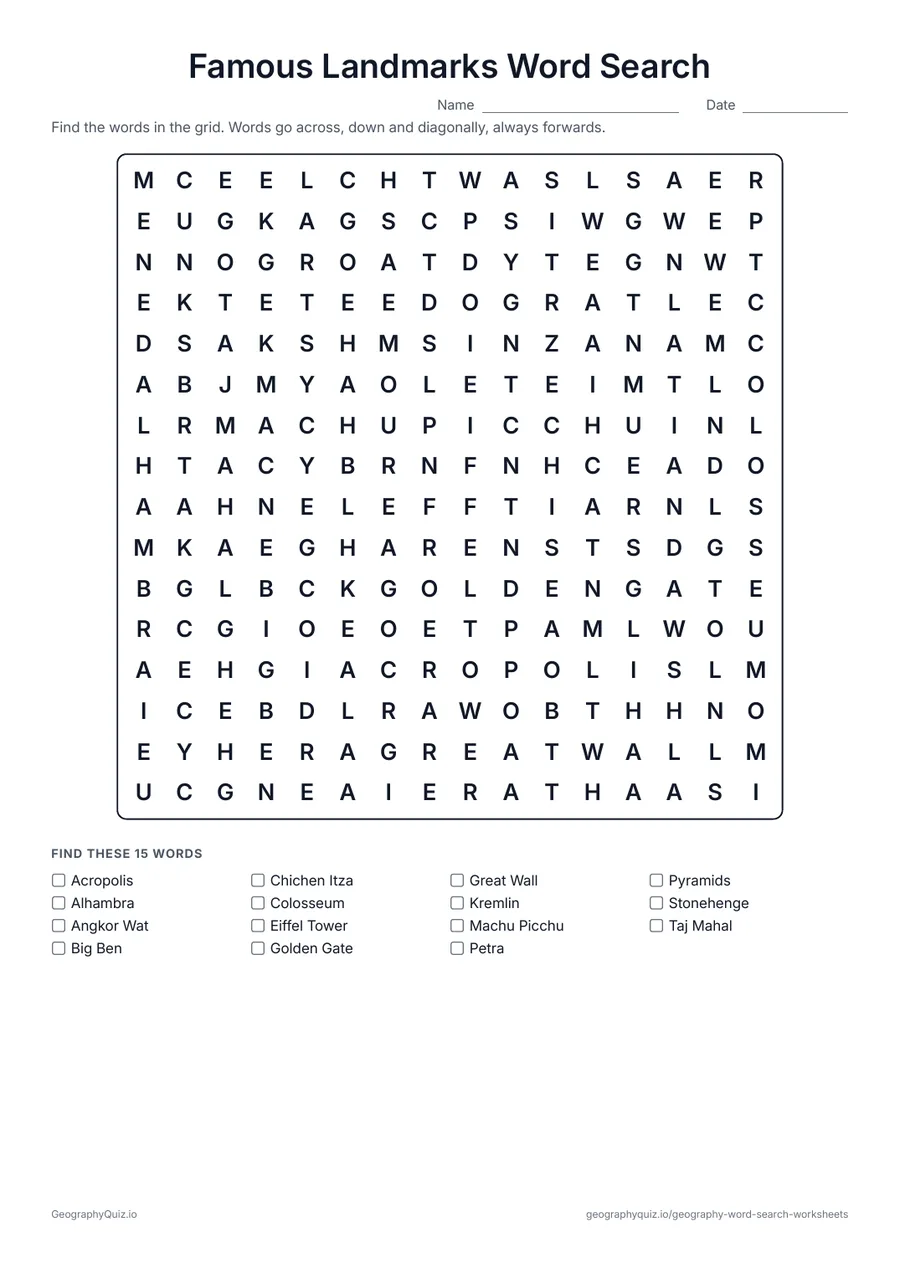 Preview of the printable Famous Landmarks Word Search worksheet: Fifteen world landmarks, from the Eiffel Tower and the Great Wall to Machu Picchu and the Taj Mahal