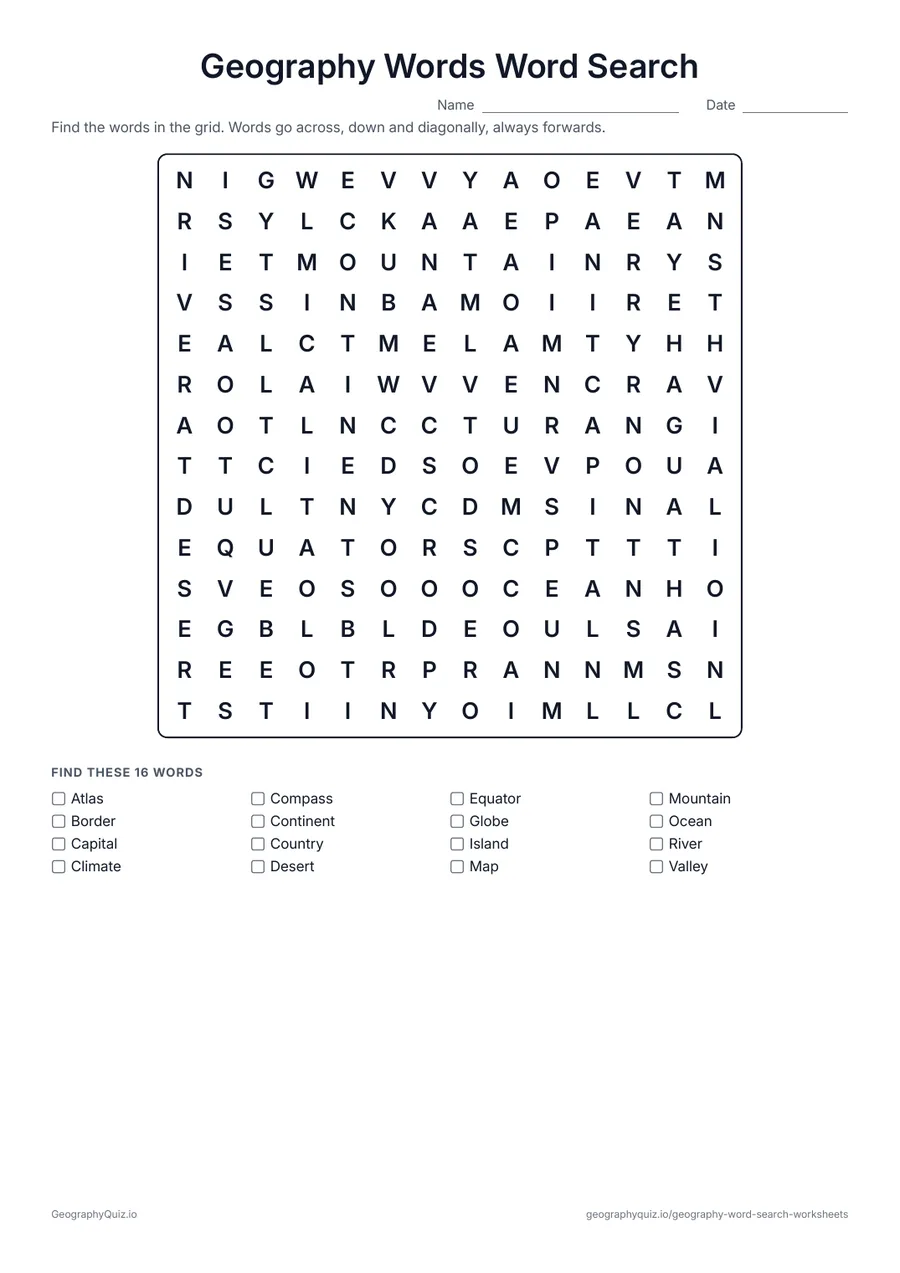 Preview of the printable Geography Words Word Search worksheet: Sixteen everyday geography words, from map and globe to equator and climate