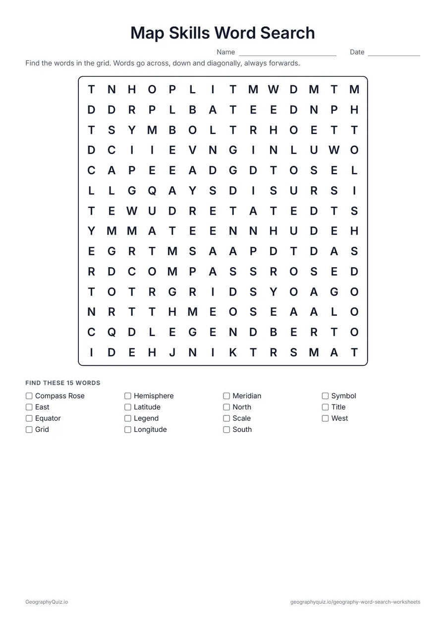 Preview of the printable Map Skills Word Search worksheet: Fifteen map words: compass rose, legend, scale, grid, the four directions, latitude, longitude and more
