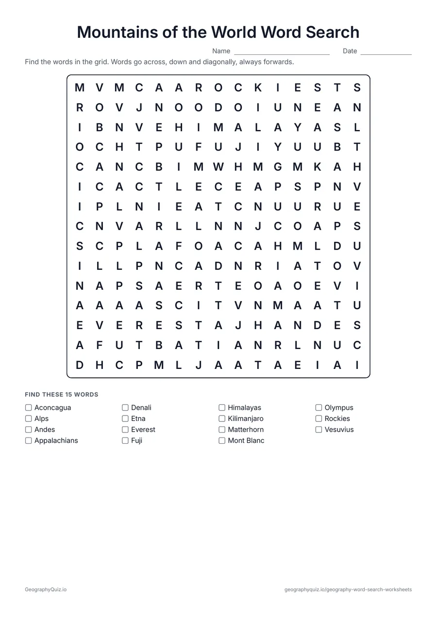 Preview of the printable Mountains of the World Word Search worksheet: Famous peaks such as Everest, Kilimanjaro and Fuji, and ranges such as the Alps, the Andes and the Rockies