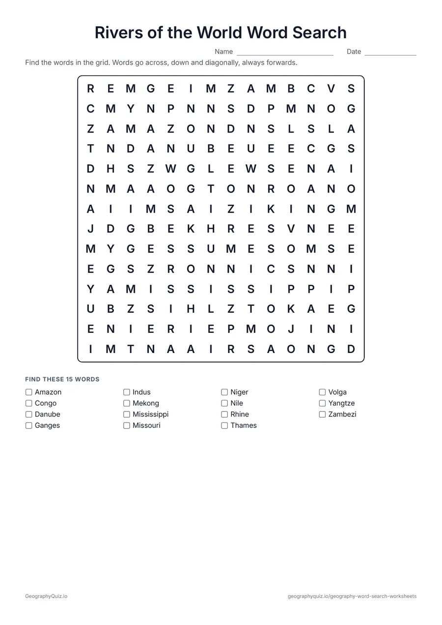 Preview of the printable Rivers of the World Word Search worksheet: Fifteen famous rivers, from the Nile and the Amazon to the Mississippi and the Thames