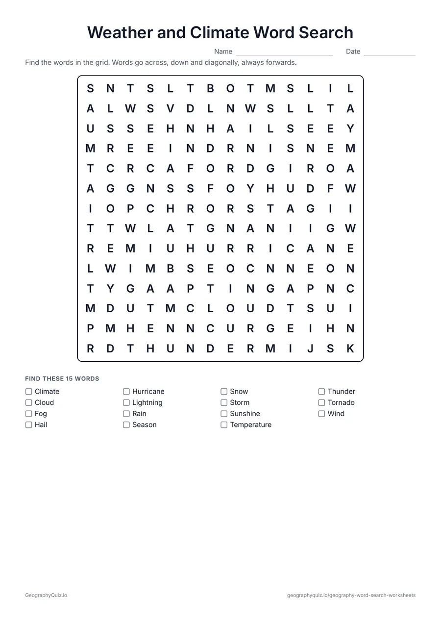 Preview of the printable Weather and Climate Word Search worksheet: Fifteen weather words, from rain and snow to tornado, hurricane and temperature