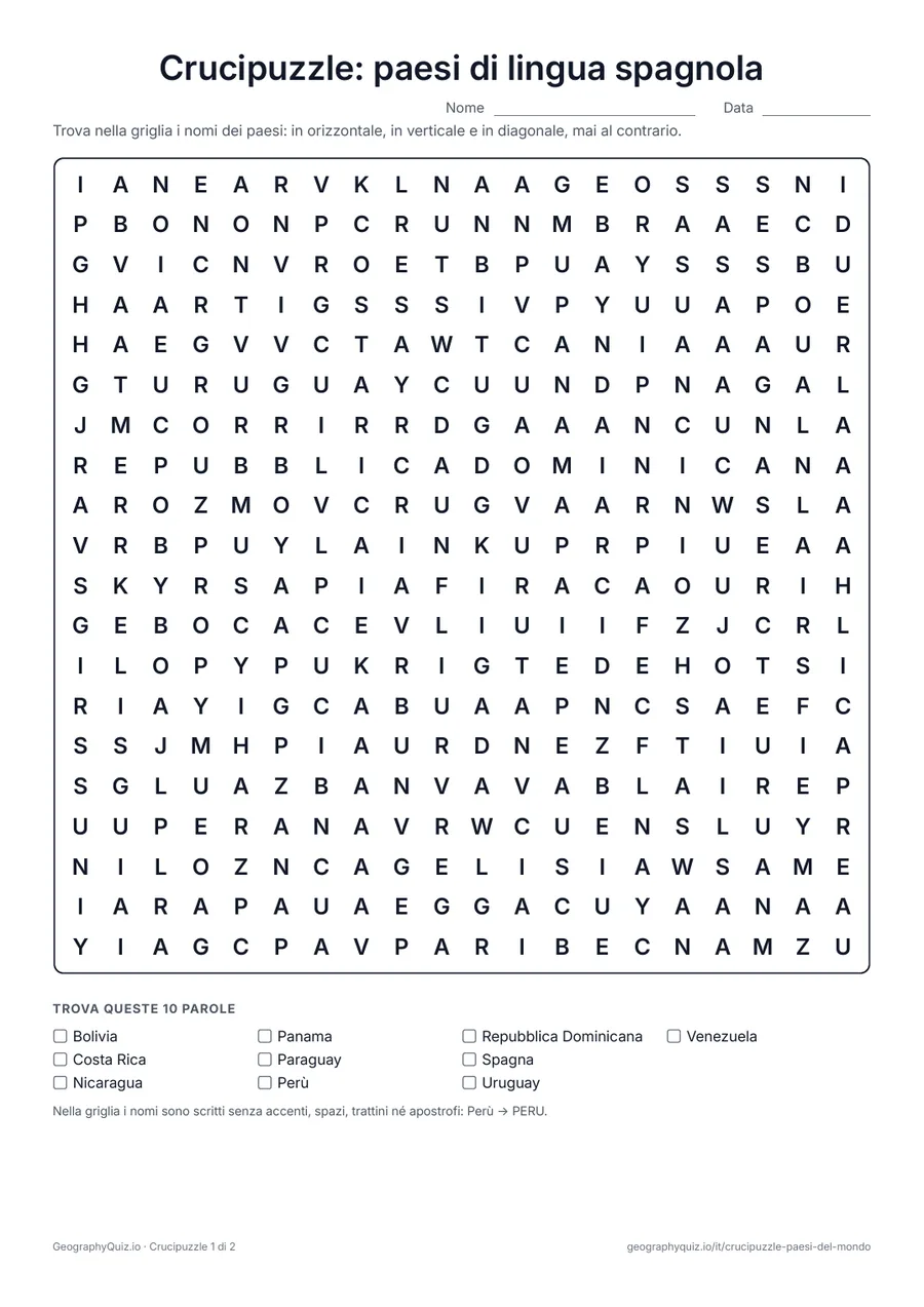 Anteprima della scheda da stampare “Crucipuzzle: paesi di lingua spagnola”: I 20 paesi in cui lo spagnolo è lingua ufficiale, in due giochi