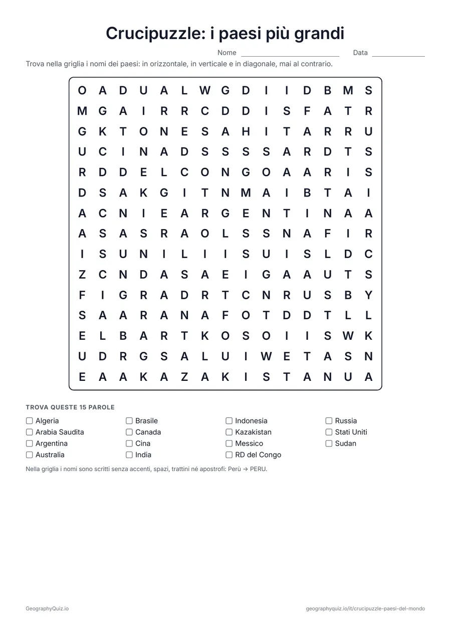Anteprima della scheda da stampare “Crucipuzzle: i paesi più grandi”: I 15 paesi più grandi del mondo per superficie, dalla Russia al Sudan