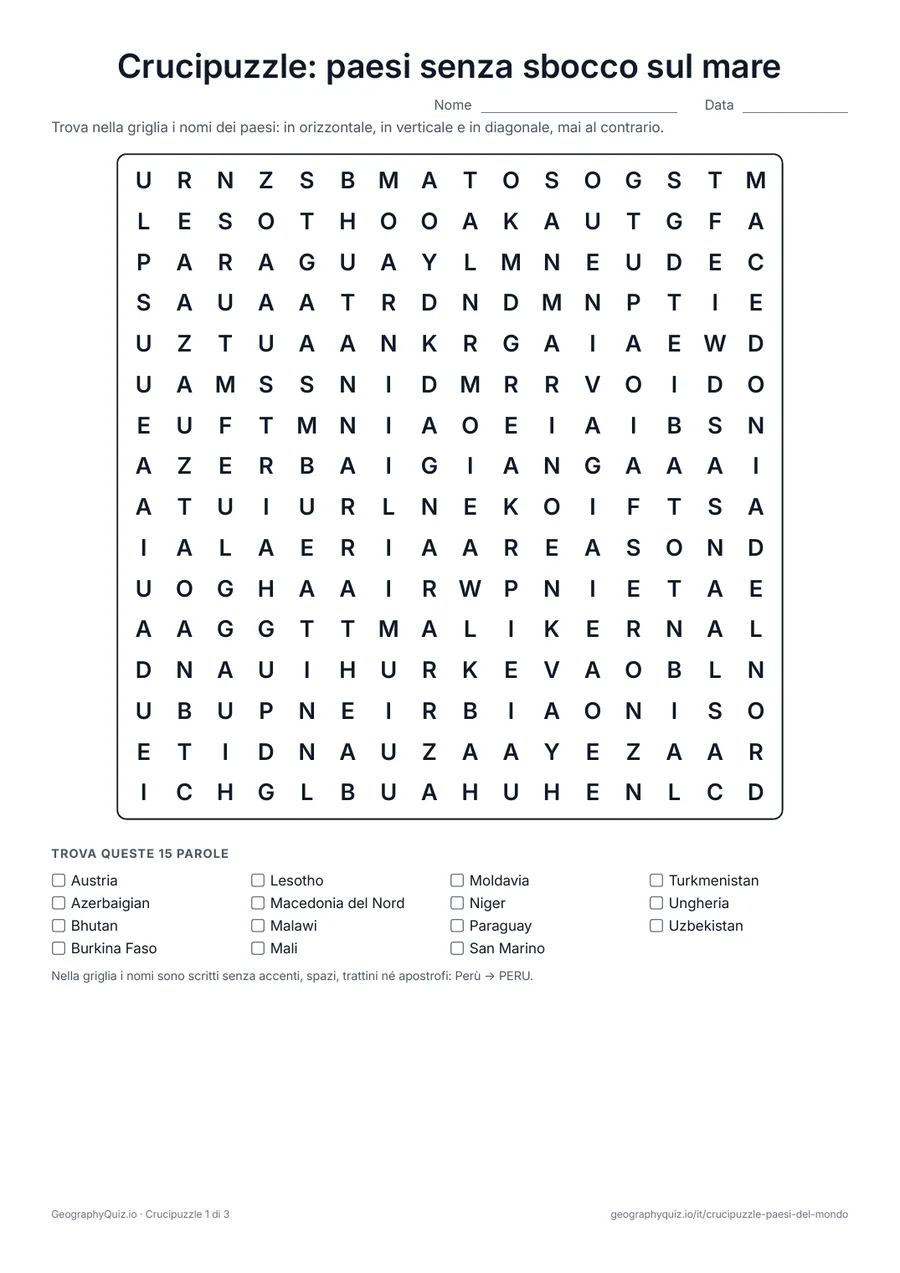 Anteprima della scheda da stampare “Crucipuzzle: paesi senza sbocco sul mare”: Tutti i paesi senza sbocco sul mare, in tre giochi