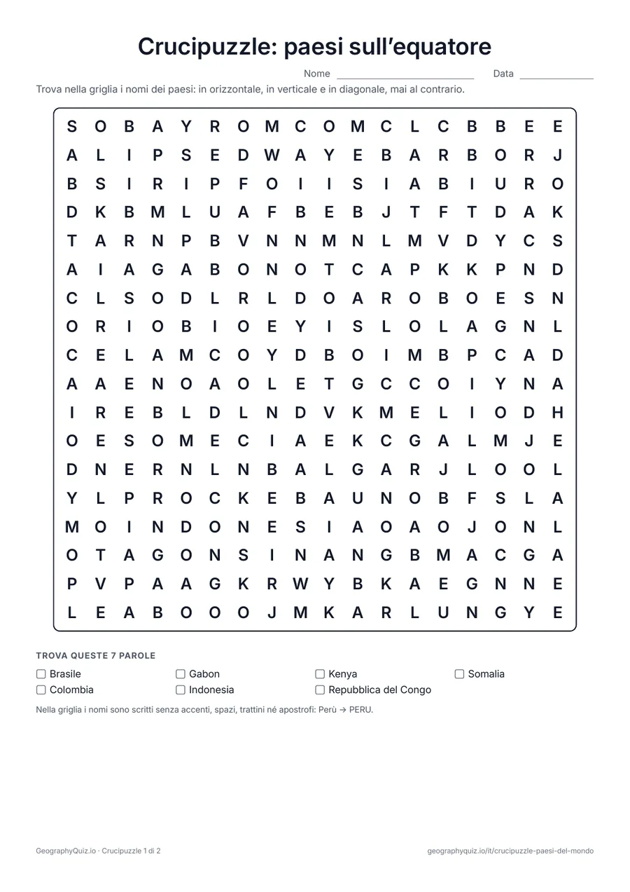 Anteprima della scheda da stampare “Crucipuzzle: paesi sull’equatore”: I 13 paesi attraversati dall’equatore, in due giochi