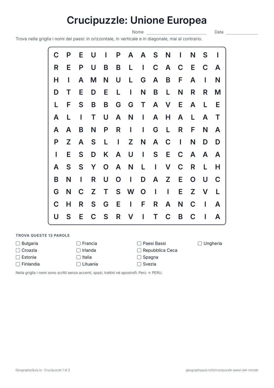 Anteprima della scheda da stampare “Crucipuzzle: Unione Europea”: I 27 paesi membri dell’Unione Europea in due giochi