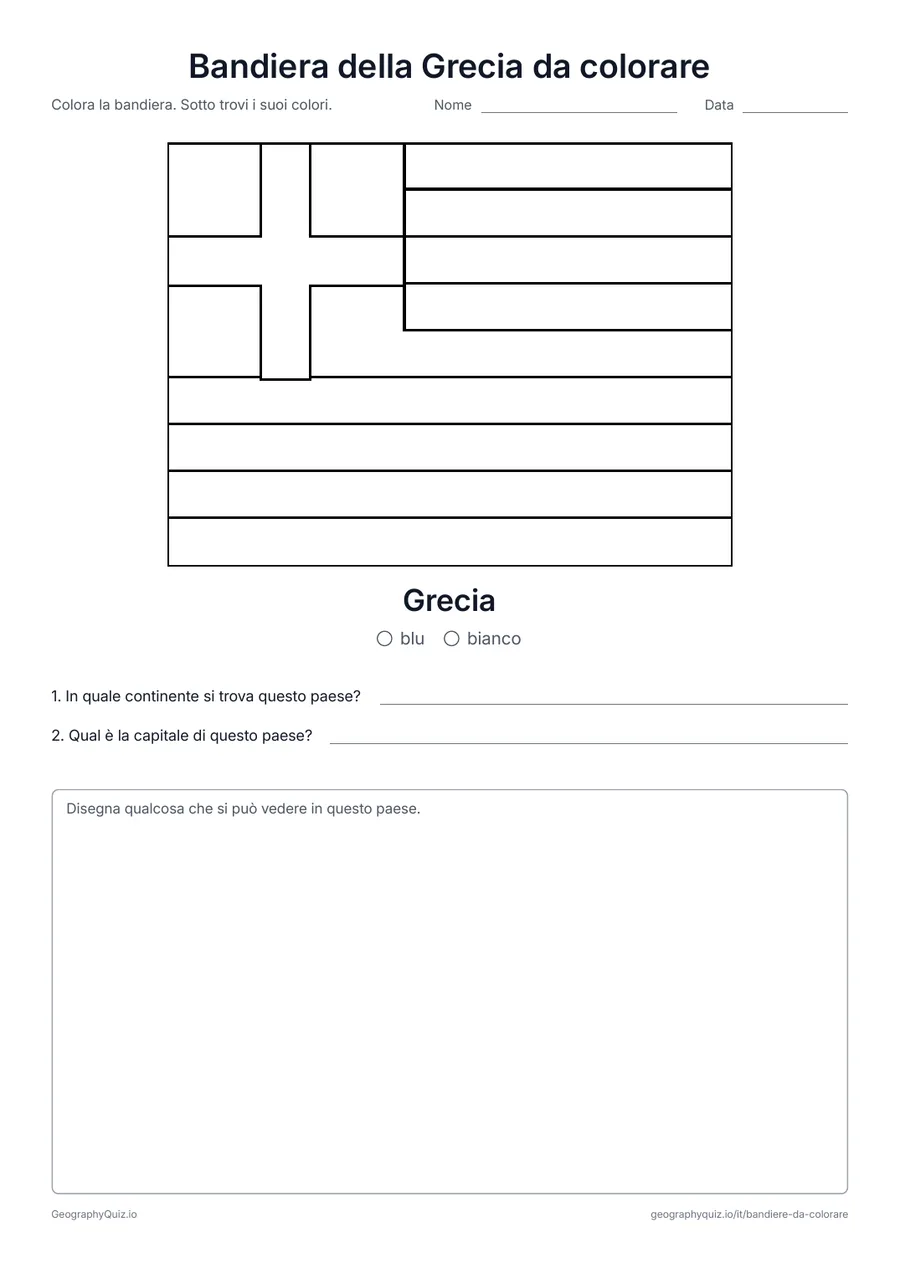 Anteprima della scheda da stampare “Bandiera della Grecia da colorare”: La bandiera della Grecia in grande formato e nelle sue vere proporzioni, con la legenda dei colori e due domande