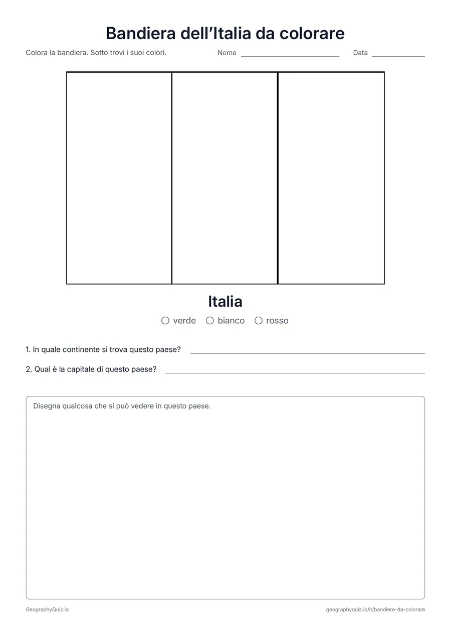 Anteprima della scheda da stampare “Bandiera dell’Italia da colorare”: Il tricolore verde, bianco e rosso: la bandiera italiana in grande formato e nelle sue vere proporzioni, con la legenda dei colori e due domande