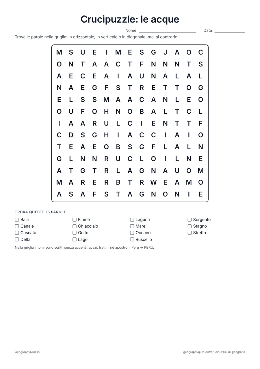 Anteprima della scheda da stampare “Crucipuzzle: le acque”: Quindici tipi di acque, dall’oceano, dal mare e dal lago allo stretto, alla laguna e al ghiacciaio