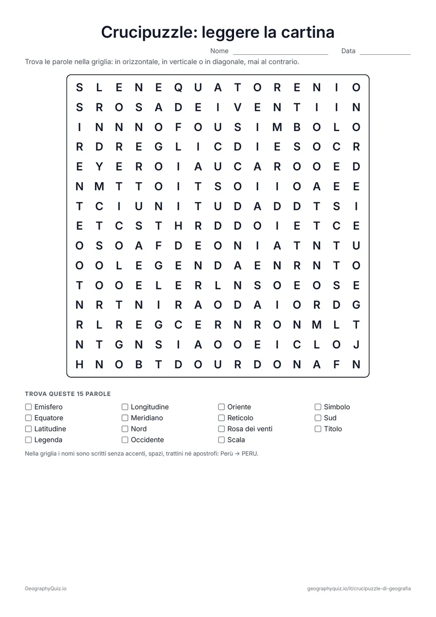 Anteprima della scheda da stampare “Crucipuzzle: leggere la cartina”: Quindici parole sulla cartina: rosa dei venti, legenda, scala, reticolo, punti cardinali, latitudine, longitudine e altre