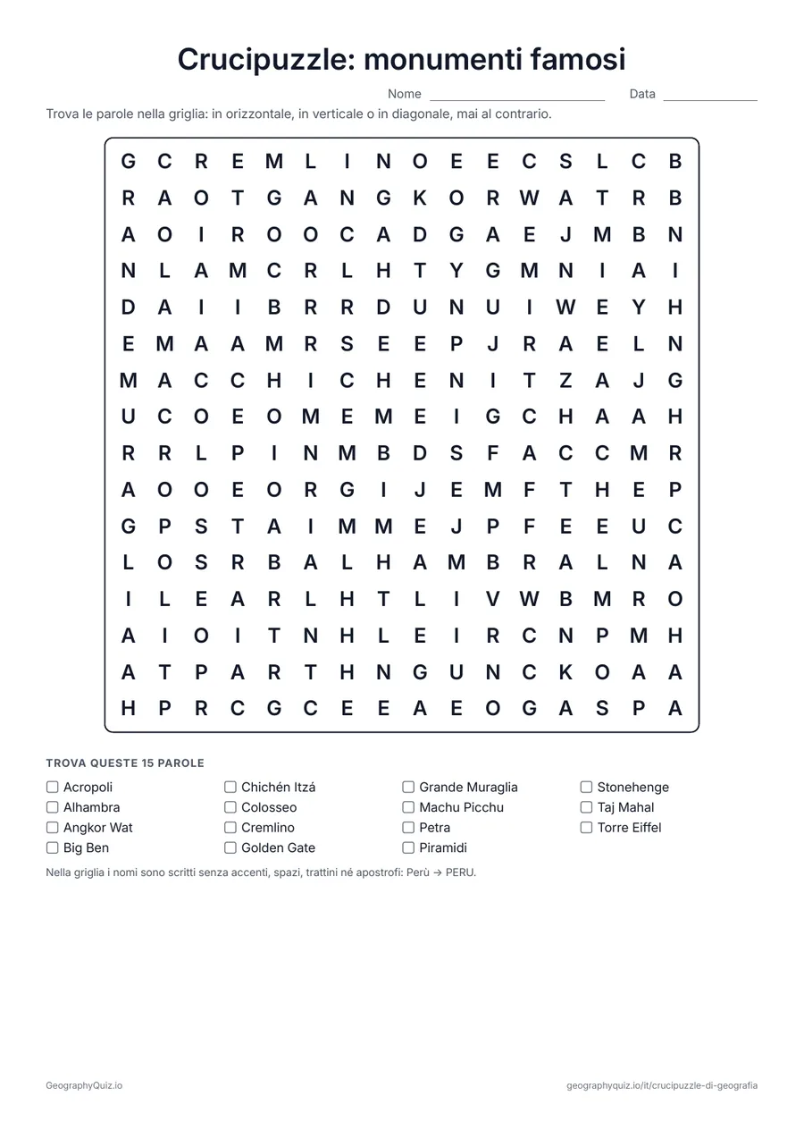 Anteprima della scheda da stampare “Crucipuzzle: monumenti famosi”: Quindici monumenti del mondo, dalla Torre Eiffel e dalla Grande Muraglia al Machu Picchu e al Taj Mahal