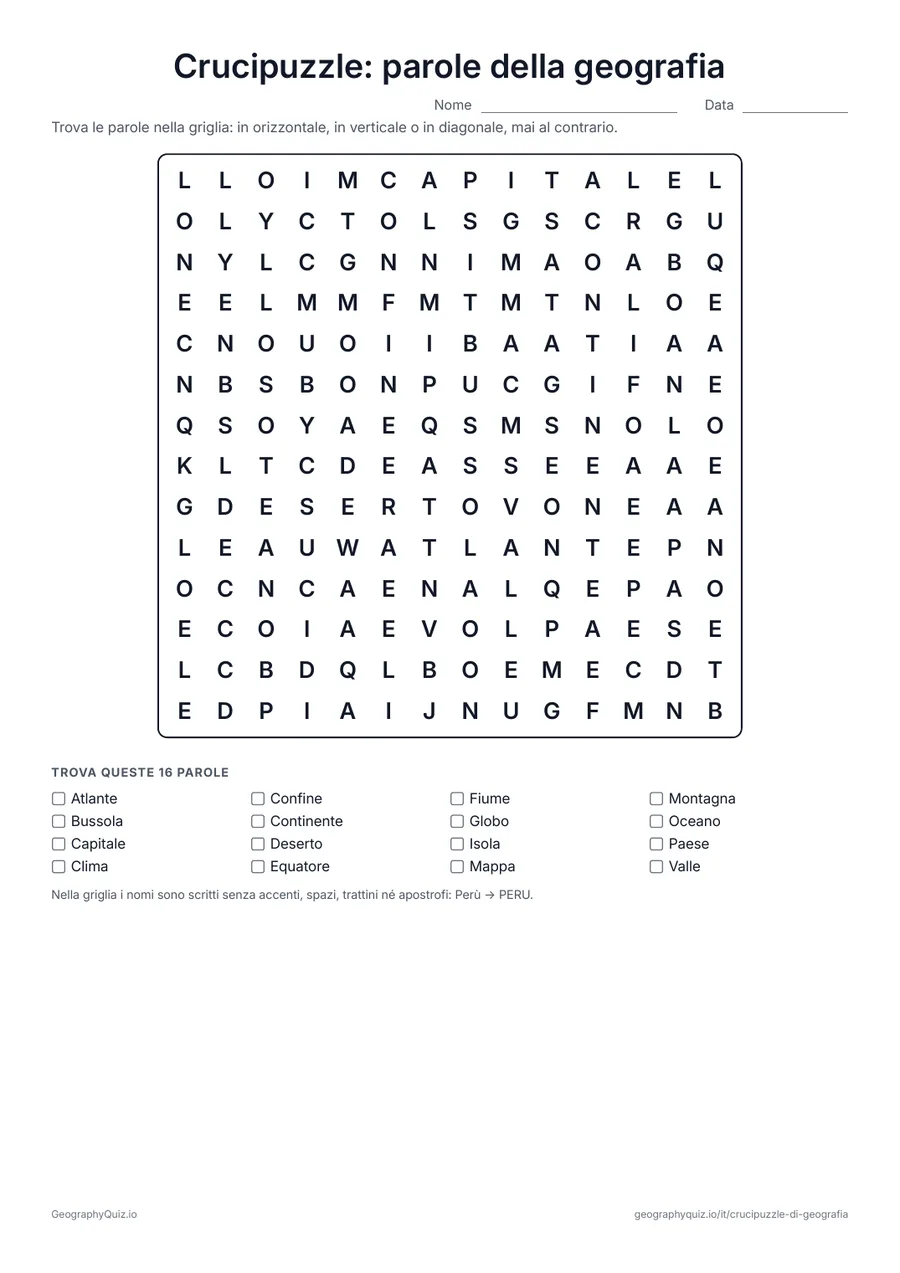 Anteprima della scheda da stampare “Crucipuzzle: parole della geografia”: Sedici parole della geografia, dalla cartina e dal mappamondo all’equatore e al clima