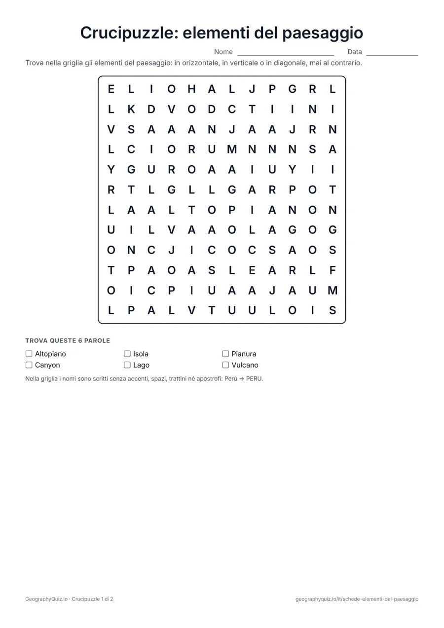 Anteprima della scheda da stampare “Crucipuzzle: elementi del paesaggio”: Tutti i dodici elementi del paesaggio nascosti in due crucipuzzle