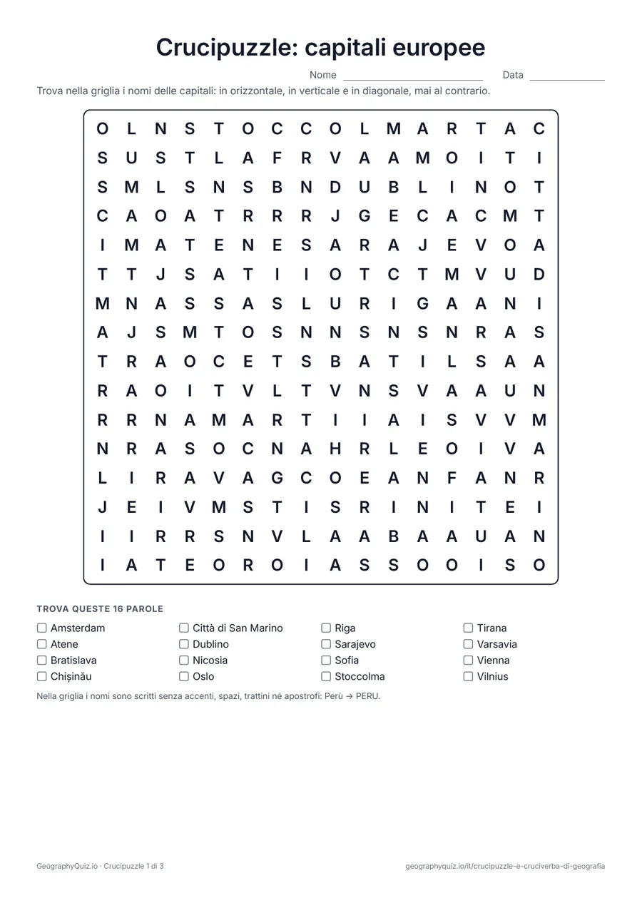 Anteprima della scheda da stampare “Crucipuzzle: capitali europee”: Le capitali europee in tre giochi