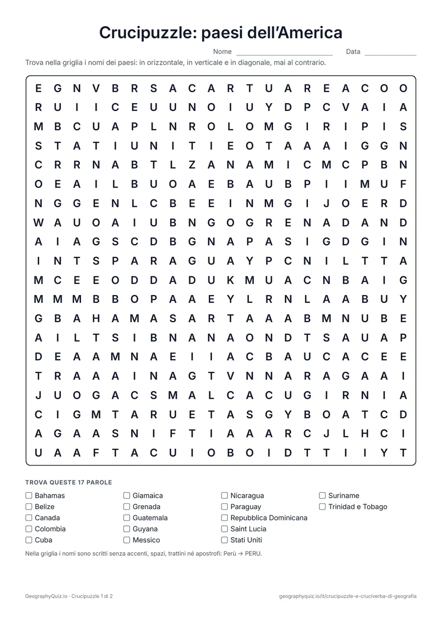 Anteprima della scheda da stampare “Crucipuzzle: paesi dell’America”: Tutti i 35 paesi dell’America del Nord, Centrale e del Sud e dei Caraibi in due giochi