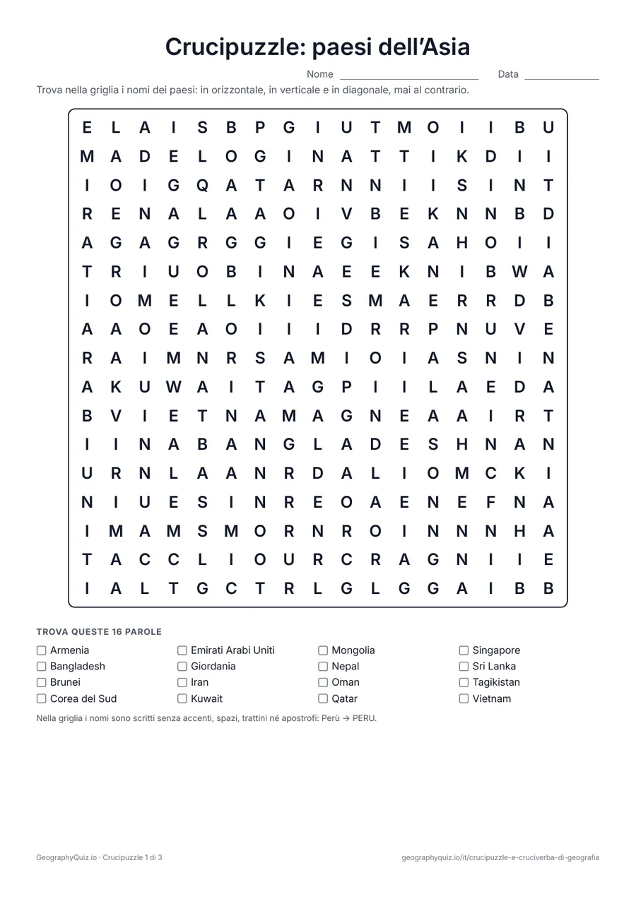 Anteprima della scheda da stampare “Crucipuzzle: paesi dell’Asia”: Tutti i 47 paesi dell’Asia in tre giochi