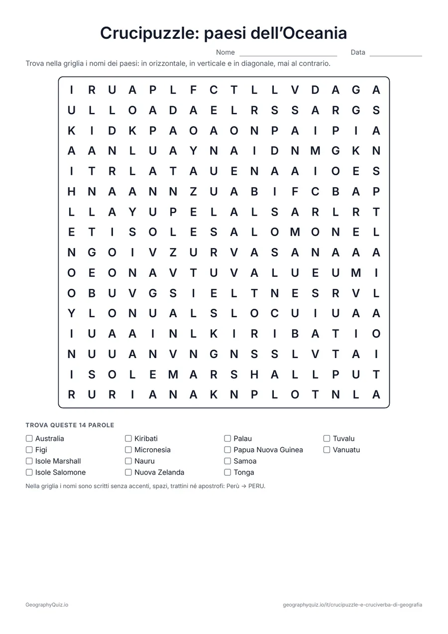 Anteprima della scheda da stampare “Crucipuzzle: paesi dell’Oceania”: I 14 paesi dell’Oceania in un solo gioco