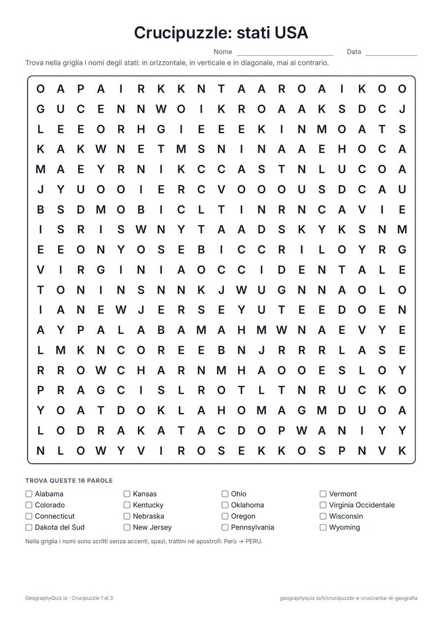 Anteprima della scheda da stampare “Crucipuzzle: stati USA”: Tutti i 50 stati degli Stati Uniti in tre giochi