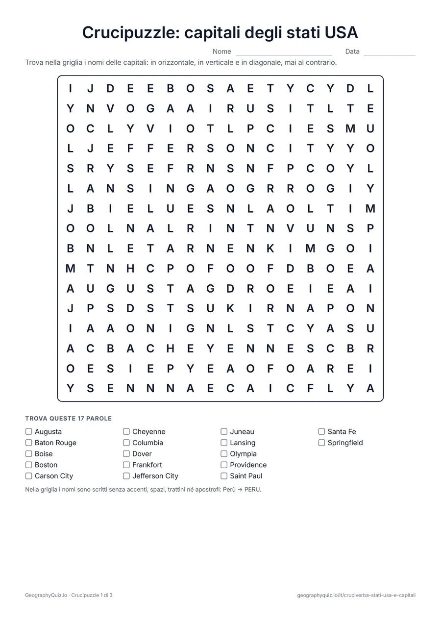 Anteprima della scheda da stampare “Crucipuzzle: capitali degli stati USA”: Tutte le 50 capitali degli stati nascoste in tre crucipuzzle