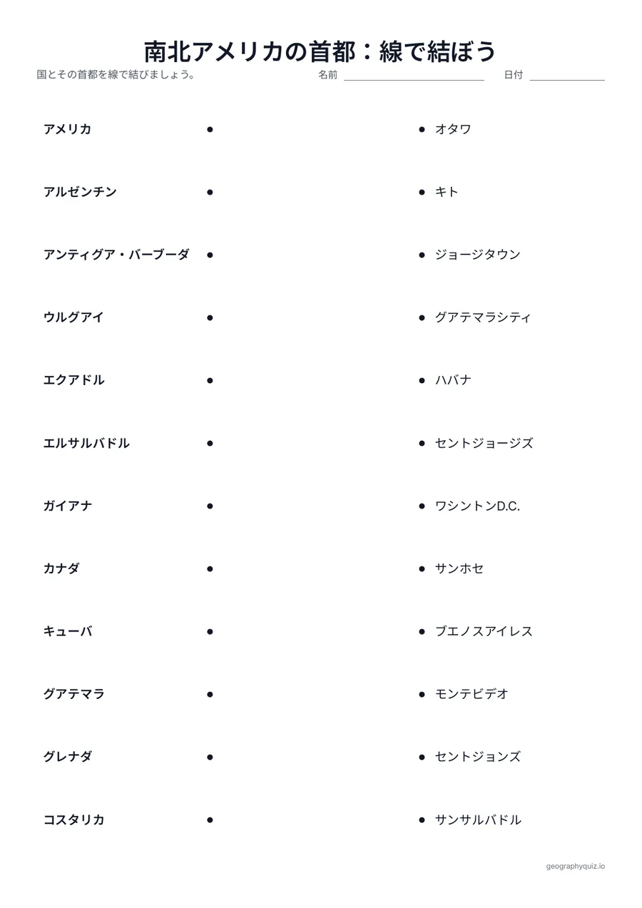 印刷用プリント「南北アメリカの首都：線で結ぼう」の見本: 左に国、右にばらばらの順で首都がならんでいます。児童・生徒は組になるものを線で結びます。