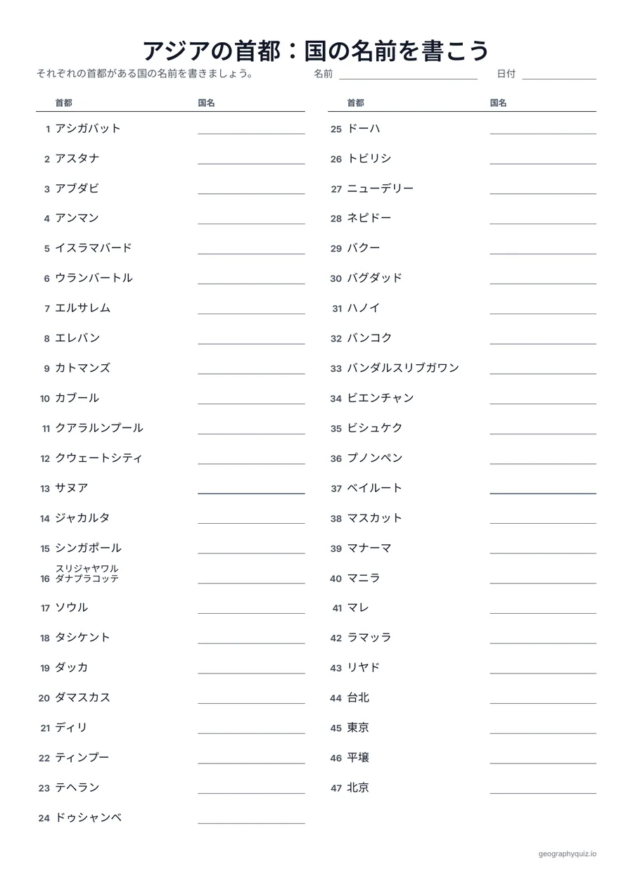 印刷用プリント「アジアの首都：国の名前を書こう」の見本: 同じ表を逆にしたものです。首都がならび、児童・生徒はその横に国の名前を書きます。