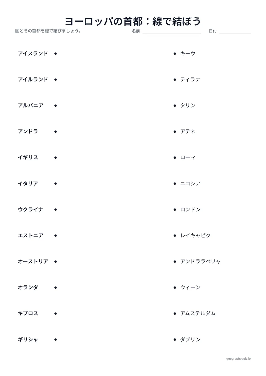 印刷用プリント「ヨーロッパの首都：線で結ぼう」の見本: 左に国、右にばらばらの順で首都がならんでいます。児童・生徒は組になるものを線で結びます。