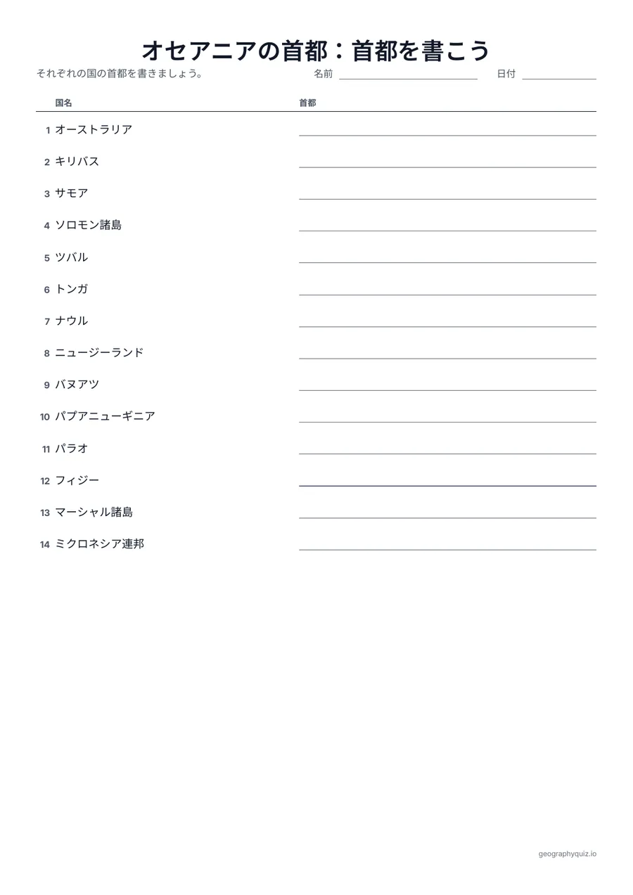「オセアニアの首都：首都を書こう」の見本