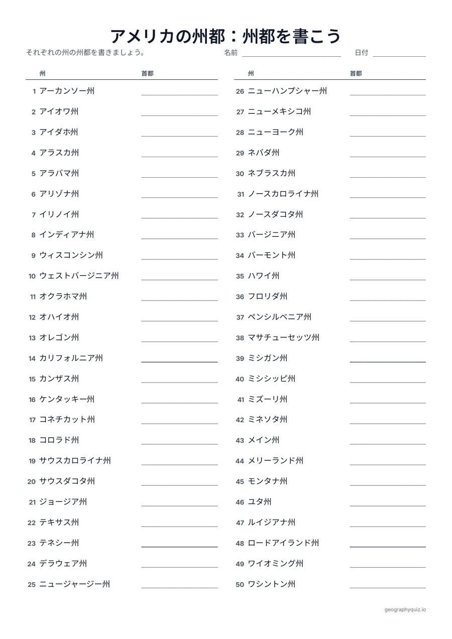 「アメリカの州都：州都を書こう」の見本