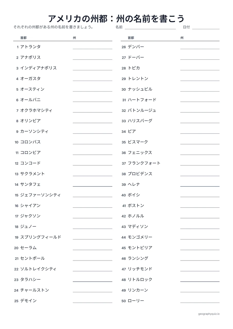 印刷用プリント「アメリカの州都：州の名前を書こう」の見本: 同じ表を逆にしたものです。州都がならび、児童・生徒はその横に州の名前を書きます。