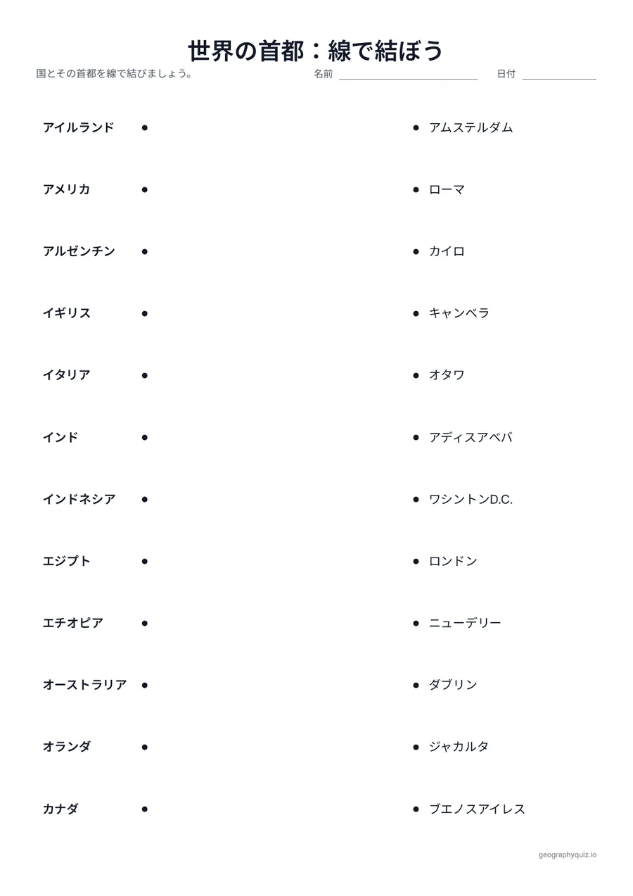 印刷用プリント「世界の首都：線で結ぼう」の見本: 左に国、右にばらばらの順で首都がならんでいます。児童・生徒は組になるものを線で結びます。
