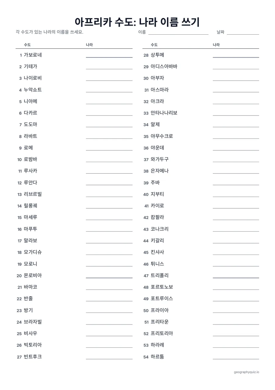 인쇄용 학습지 “아프리카 수도: 나라 이름 쓰기” 미리 보기: 같은 표를 거꾸로 한 것입니다