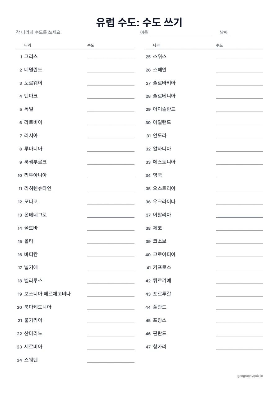 인쇄용 학습지 “유럽 수도: 수도 쓰기” 미리 보기: 모든 나라와 수도를 쓰는 빈칸이 있는 표입니다