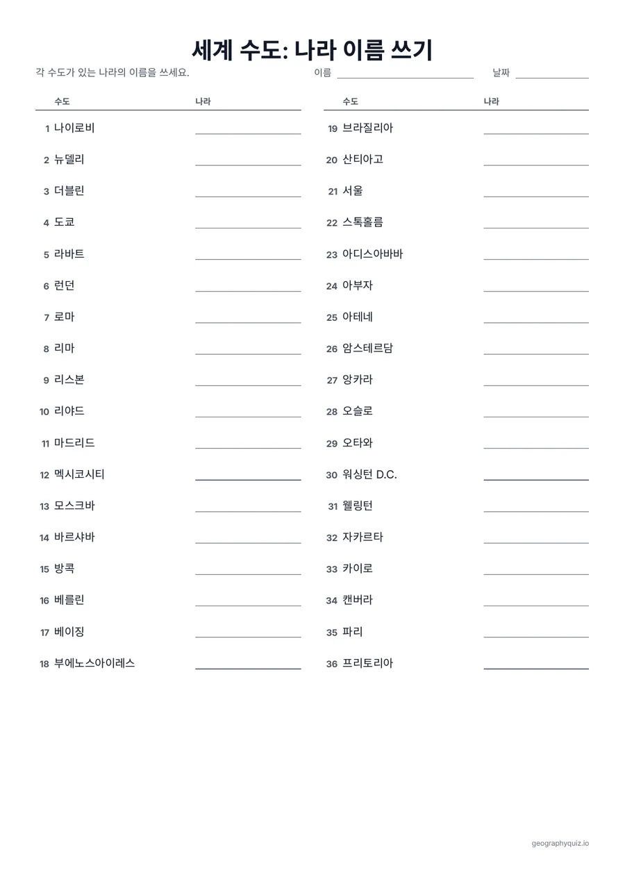 인쇄용 학습지 “세계 수도: 나라 이름 쓰기” 미리 보기: 같은 표를 거꾸로 한 것입니다