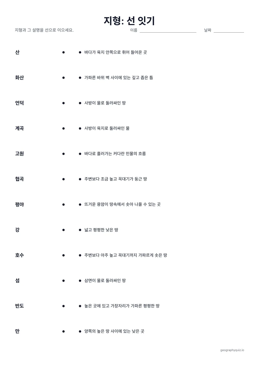 인쇄용 학습지 “지형: 선 잇기” 미리 보기: 왼쪽에 12가지 지형, 오른쪽에 뒤섞인 순서로 그 설명이 있습니다