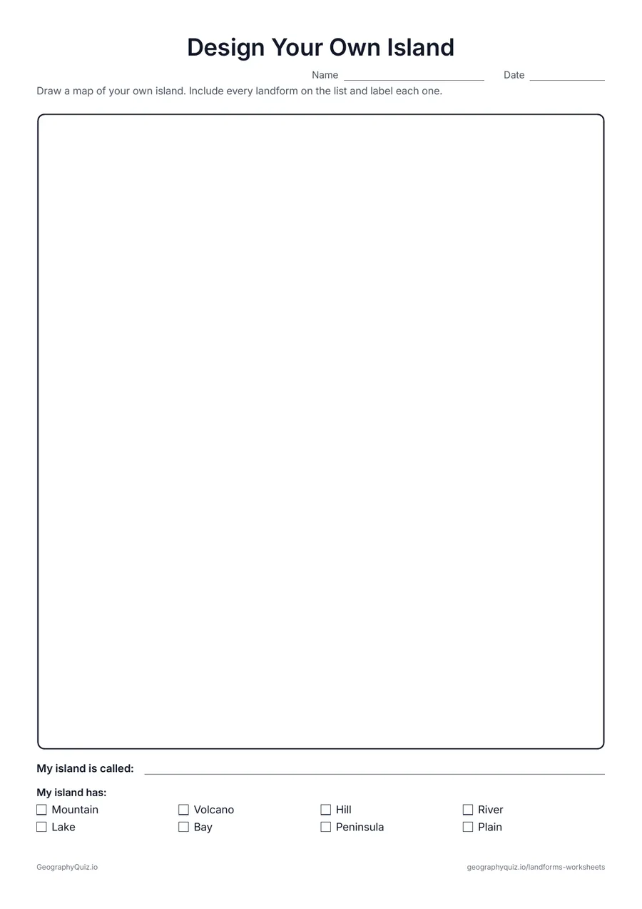 Preview of the printable Design Your Own Island worksheet: A big frame for drawing an island with a mountain, a volcano, a river, a lake, a bay and more, with a checklist and a name line