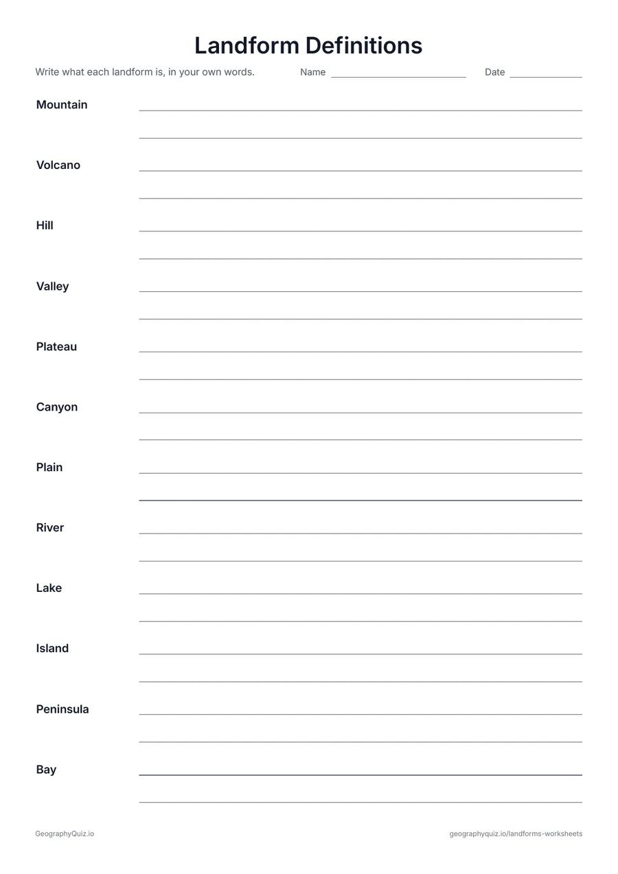 Preview of the printable Landform Definitions worksheet: Each landform with two writing lines