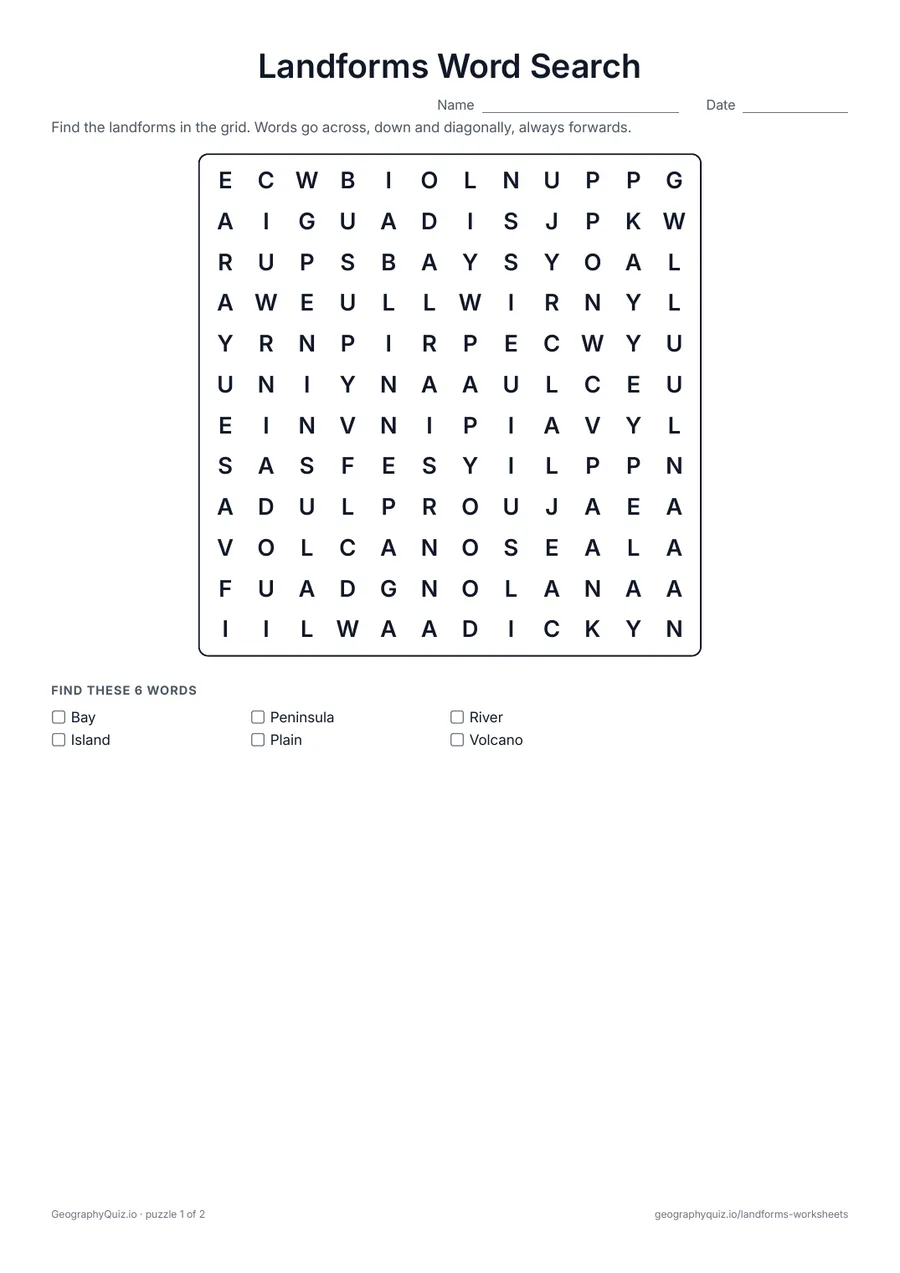 Preview of the printable Landforms Word Search worksheet: The twelve landforms hidden in two word searches of six words each – a good size for younger students