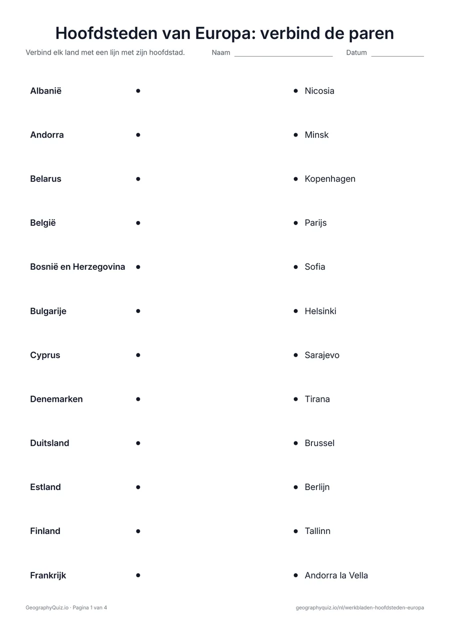 Voorbeeld van het werkblad “Hoofdsteden van Europa: verbind de paren”: De landen links en de hoofdsteden door elkaar rechts