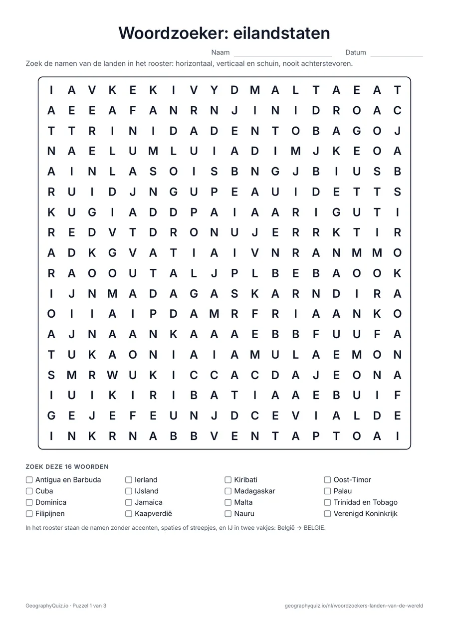 Voorbeeld van het werkblad “Woordzoeker: eilandstaten”: Alle eilandstaten, van IJsland tot Fiji, in drie puzzels