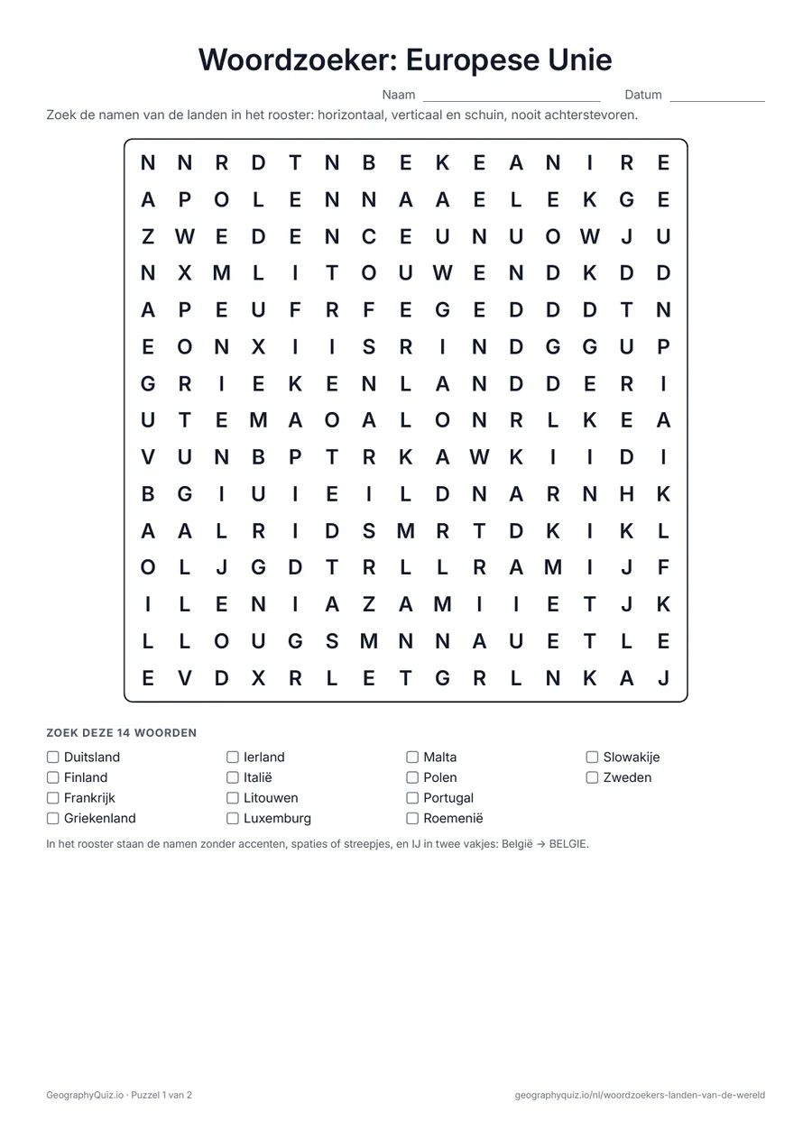 Voorbeeld van het werkblad “Woordzoeker: Europese Unie”: De 27 lidstaten van de Europese Unie in twee puzzels